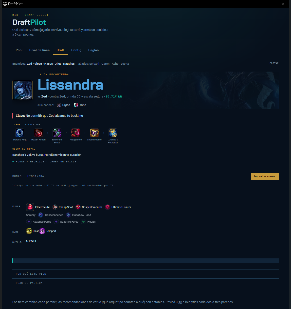 DraftPilot showing a recommended item build and rune page with icons