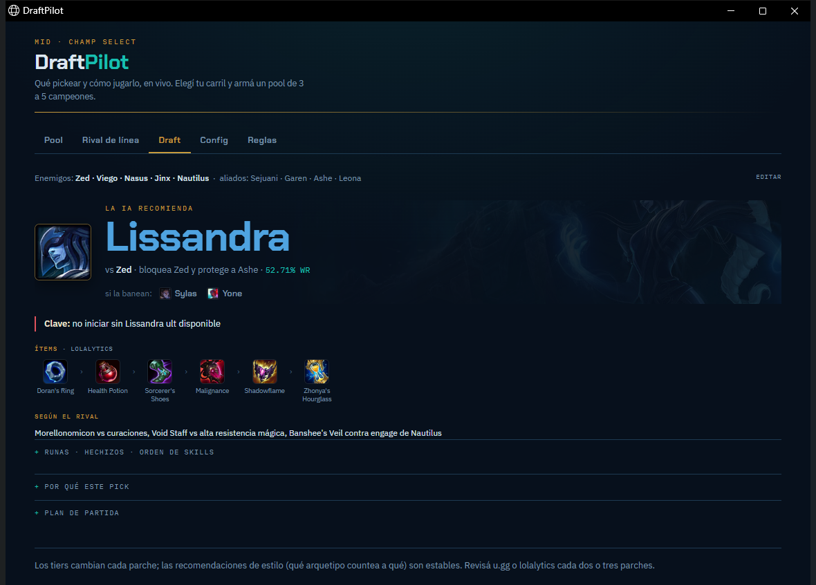 DraftPilot recommending a champion pick during champ select, with the reason and win rate
